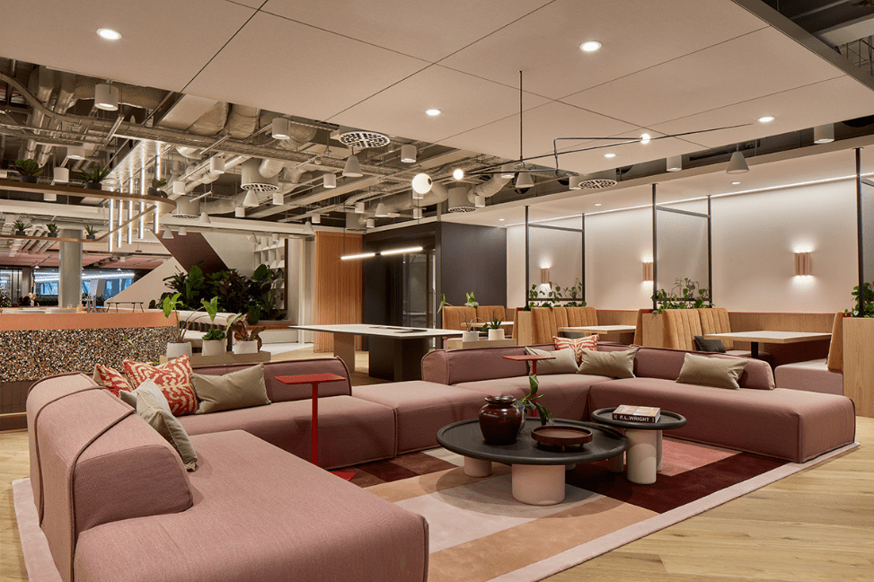 The spacious communal area at Myo St Paul's featuring soft furnishings and break-out meeting spaces.