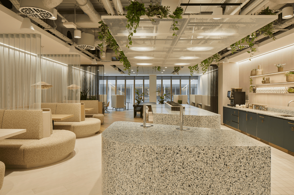 The communal kitchen and dining area in Myo St Paul's offices.