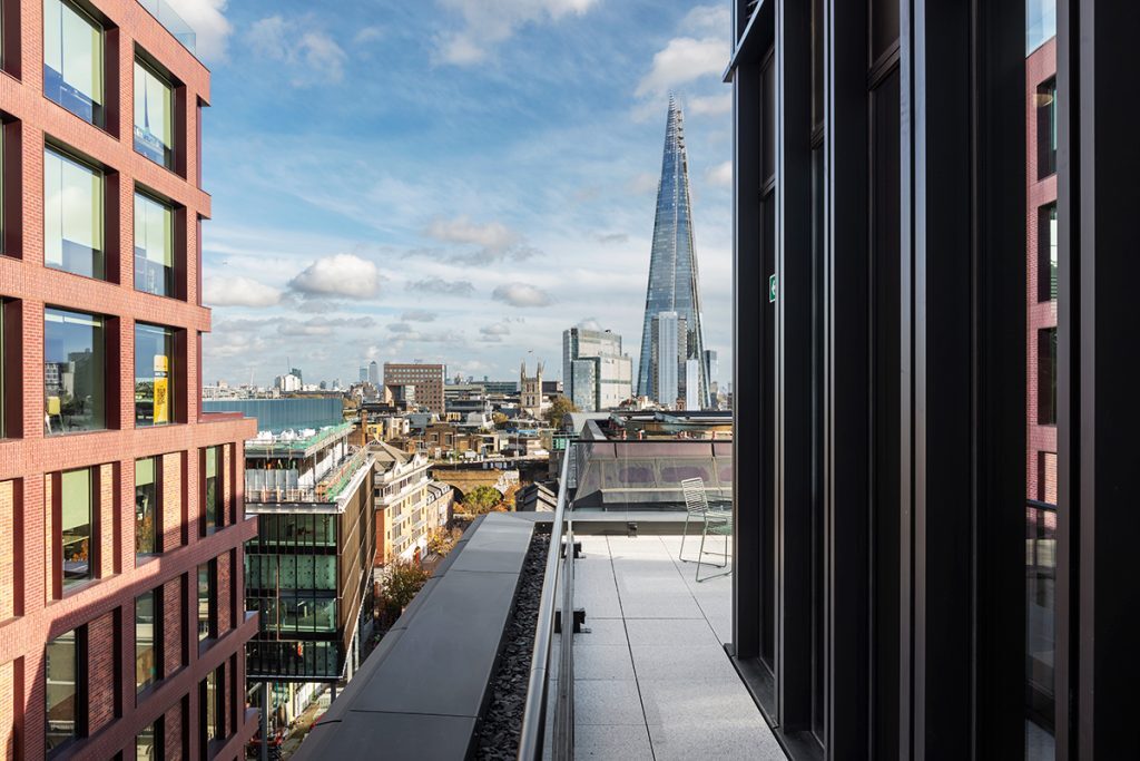 Myo Bankside balcony overlooking London Bankside with The Shard in the distance.