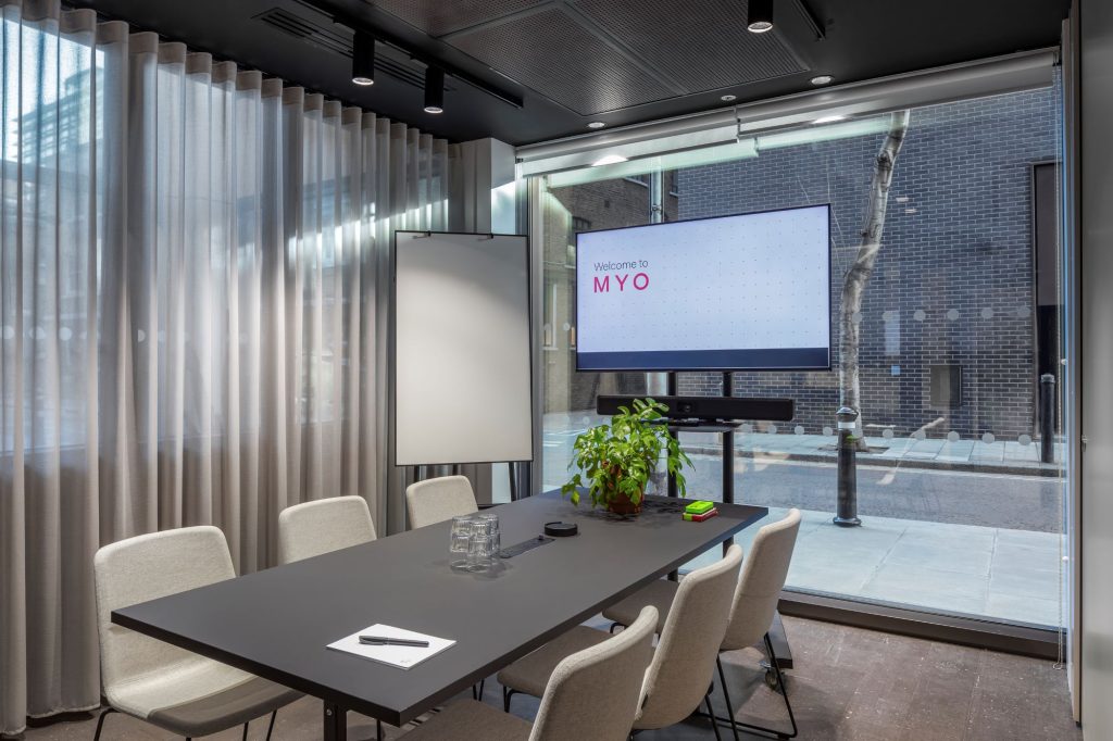 A small six-person meeting room in Myo Bankside with floor-to-ceiling windows and a presentation screen.
