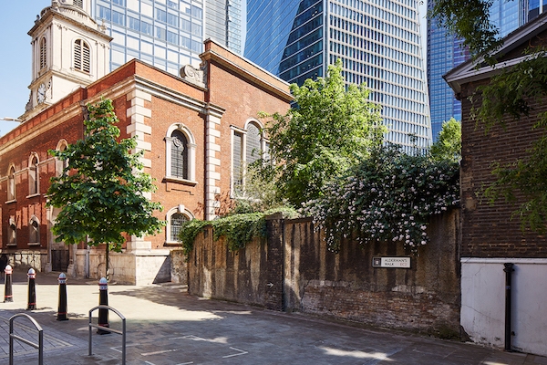 A combination of older red-brick buildings and new glass buildings near Myo's Liverpool Street offices.