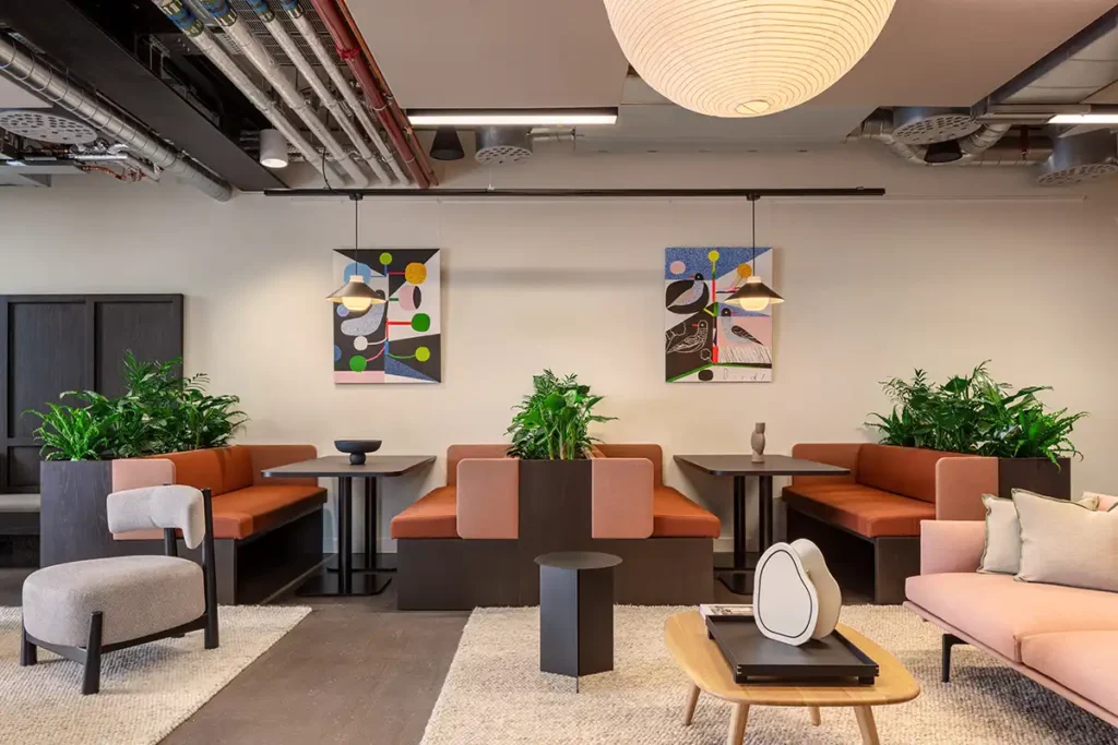 A colourful waiting area in one of MYO's office spaces.