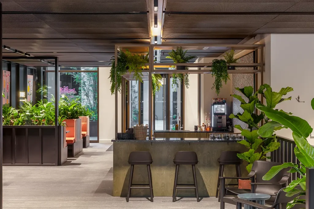 Greenery and a bar area at one of Myo's offices.